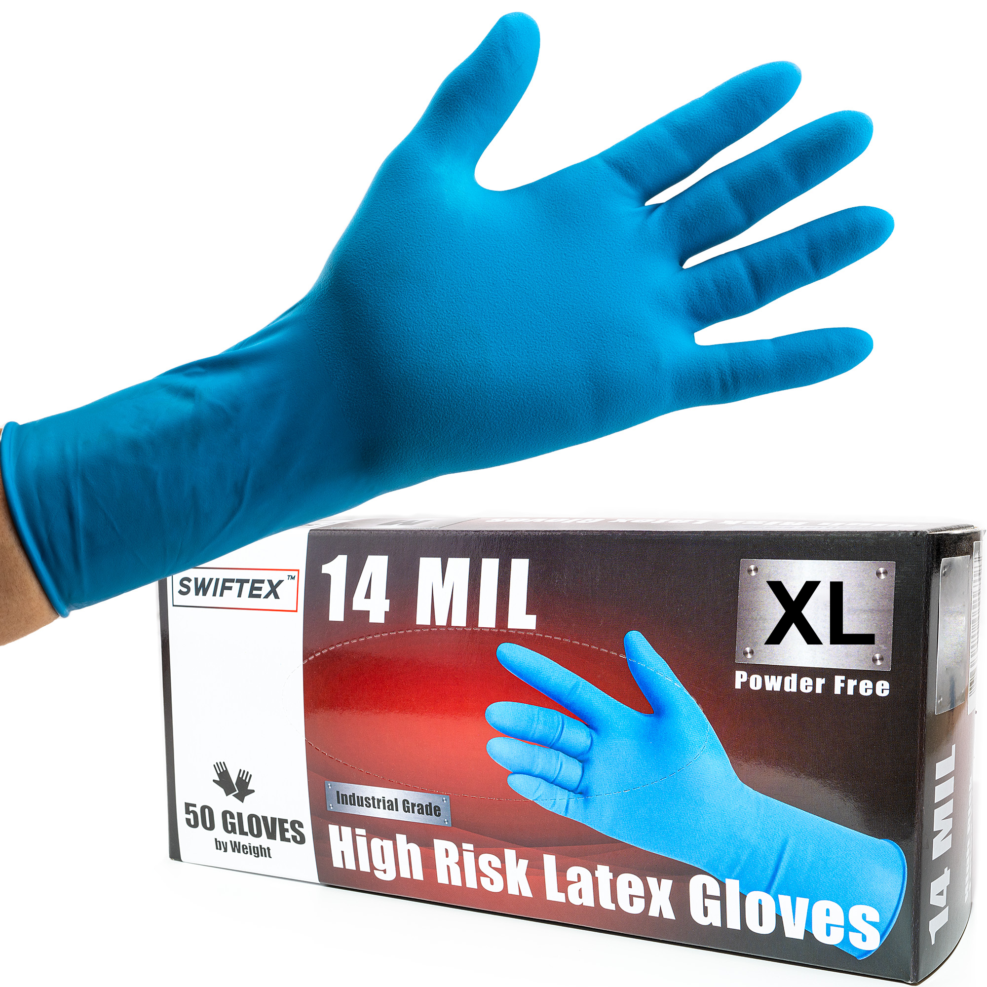Blue SWIFTEX latex glove with its box of 50