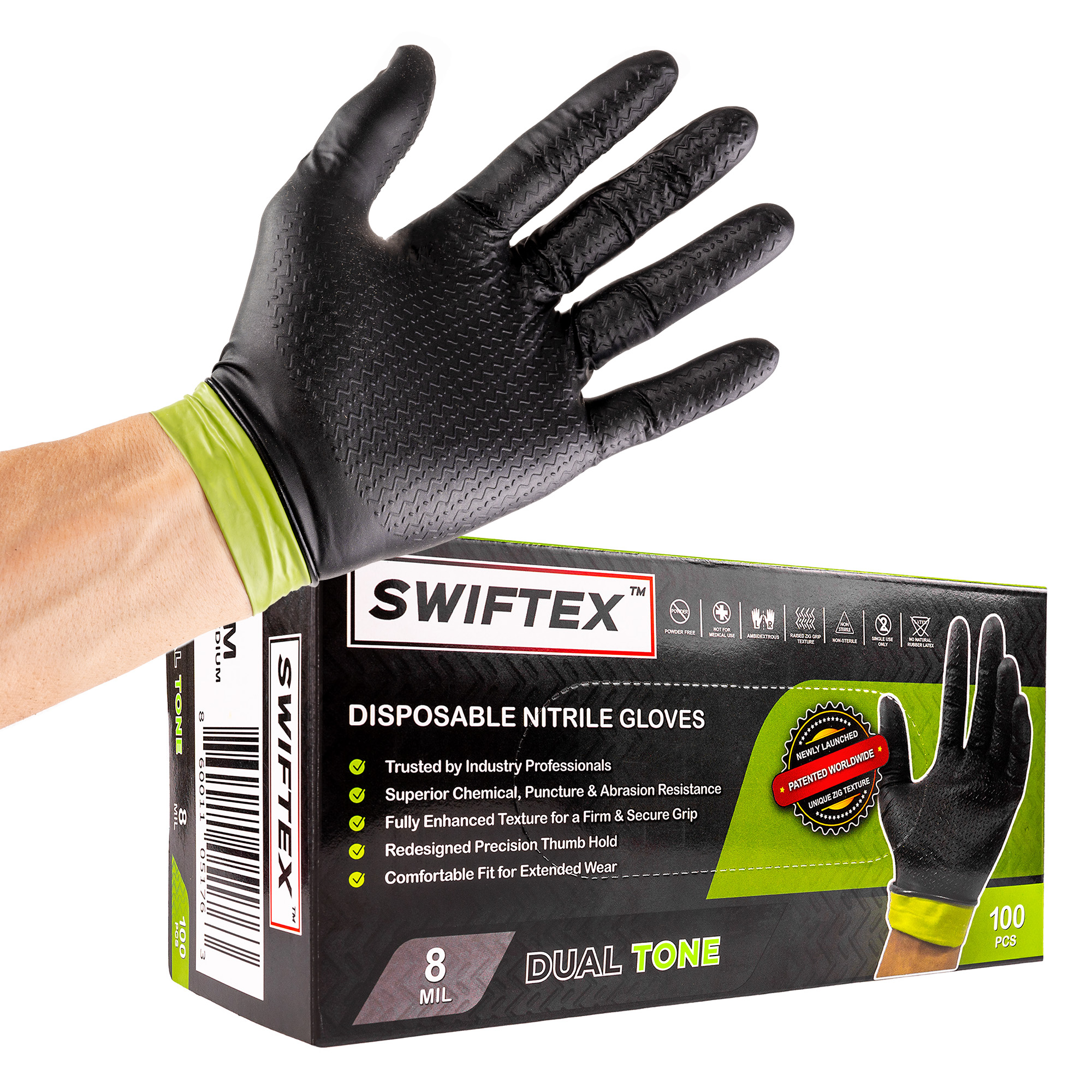 Black and green SWIFTEX nitrile glove with its box of 100